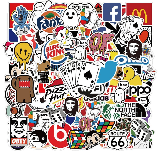 A dense collage of brand and pop-culture stickers